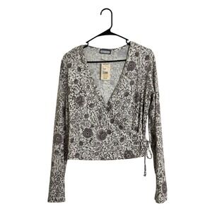 Aqua Blues Vintage Brown Floral Wrap Top Long Sleeve V-Neck Women's Large - NWT